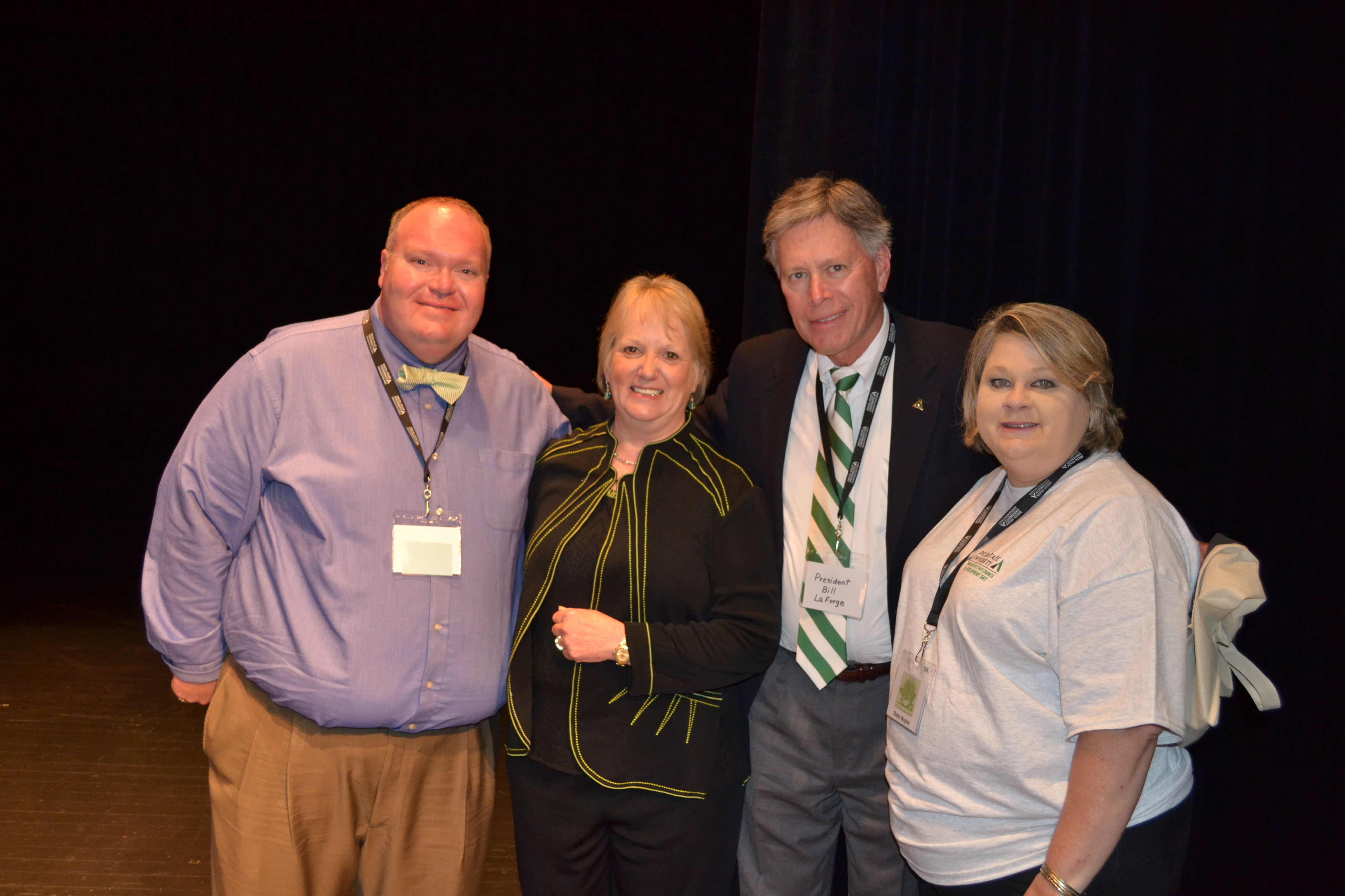 Photo: President of Delta State Staff Council Matt Jones, guest speaker Amy D. Whitten, J.D., President William N. Laforge and Chair Elect for Staff Council, Robin Boyles, gather for a photo at Staff Development Day.