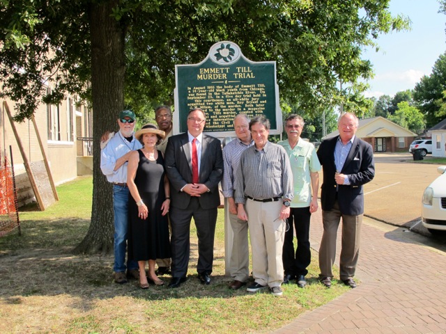 Caption L to R: Henry Outlaw and Lee Aylward of the Delta Center, Wheeler Parker, Emmett Till’s cousin and witness to his kidnapping, Dale Killinger, FBI agent in charge of the Till investigation, Lent Rice, retired FBI, Bruce Smith, son of Robert Bruce Smith, special prosecutor in the Till murder trial, Luther Brown of the Delta Center, and Jim Powers, Chair of the Mississippi ACLU and former President of the DSU student body.  
