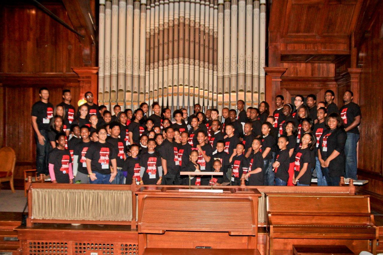 PHOTO:  The students on the Jack and Jill tour, in the chapel at Tugaloo College in Jackson.  Photo by Joli Cooper.