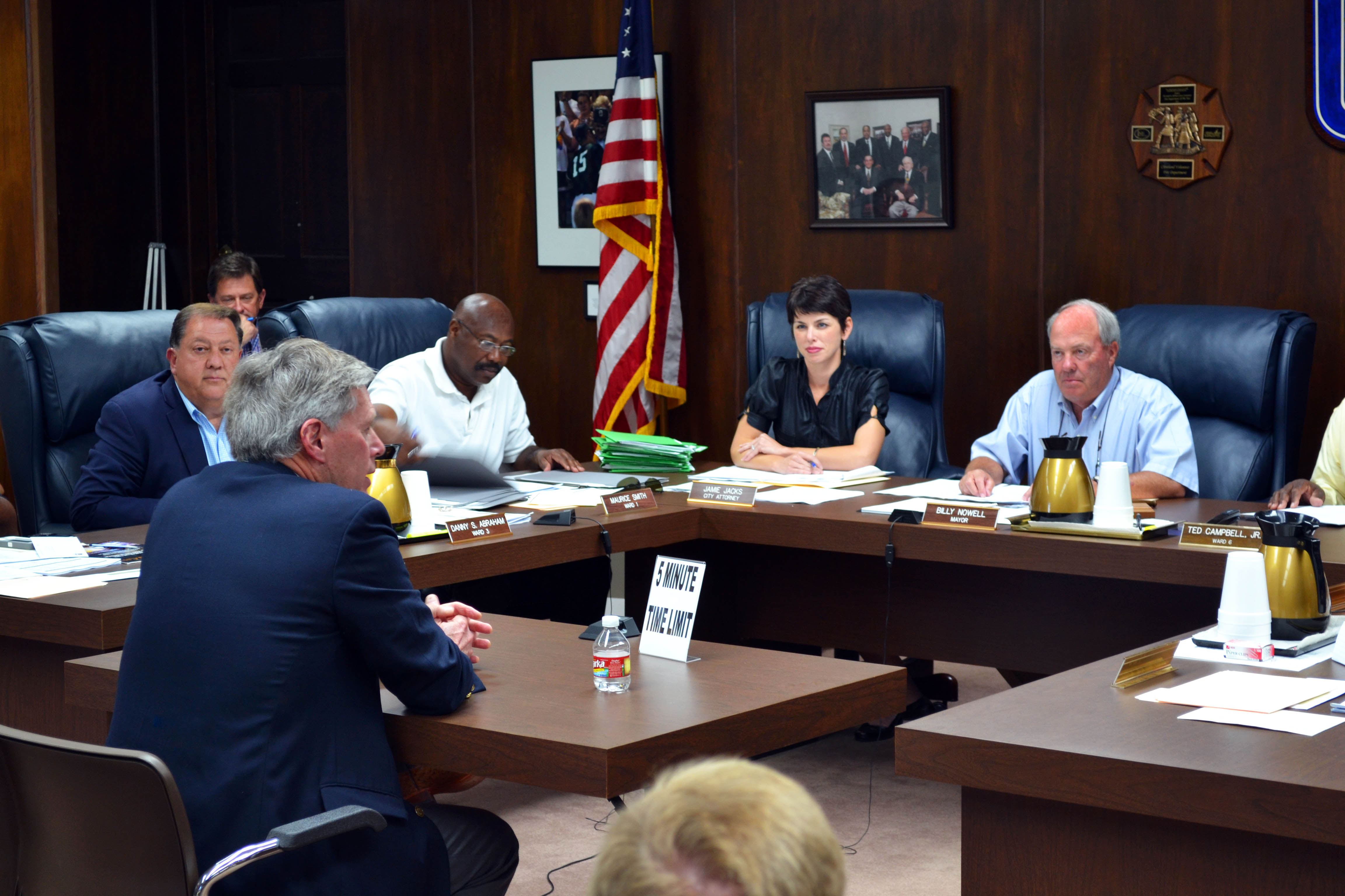 Photo: LaForge meets with mayor Billy Nowell, city attorney Jamie Jacks, and ward representatives to build the campus and community relationship.  