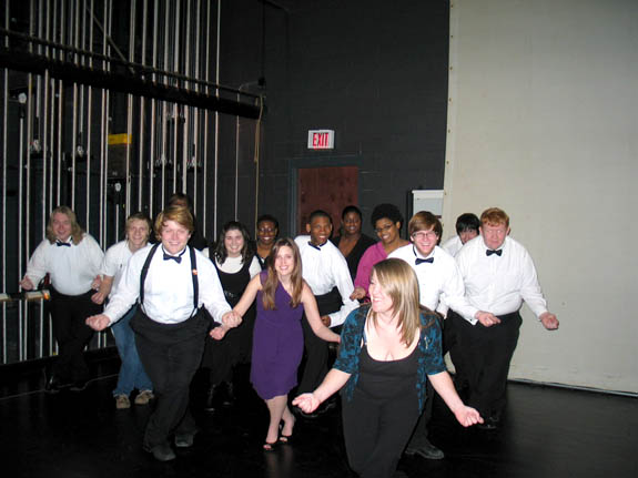 Front, Meg Dennis, Choreographer.  First row from left to right, Joshua Reeves, Lindsey Roy, and Josh Terry. Second row from left to right, Andrew Carlton, Chase House, Kimberly Wright, Kevin McCray, Patricia Thomas, and Joseph Abrams. Third row from left to right, Terrica Clayton, Rachel Baber, Dominique Smith, and Gene Kachenovich