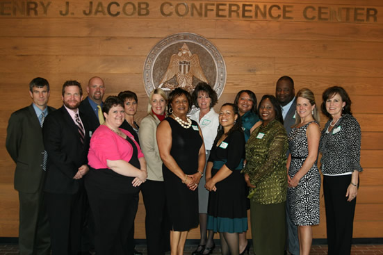 ( back row, from left to right) Dr. Tom Taylor, program coordinator; Jason Matthews of Clarksdale; Virginia Ables of Yazoo City; Tammy Hosemann of Vicksburg; Kelley Densford of DeSoto County; Nikita Jones of Grenada; Derrick Hooker of Anguilla. (front row, from left to right) Tim Chrestman of DeSoto County; Rae Card of Tunica County; Dr. Bettye H. Neely, president of the Board of Trustees of the Mississippi Institutions of Higher Learning; Denina Porter of Greenwood; Jametta Brown of Greenville; Ashley Fonte of DeSoto County; and Dr. Carole White, director of the Thad Cochran Center for Rural School Leadership and Research.  