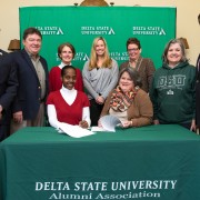 Delta State University’s Foundation, Delta State University, the city of Cleveland, Delta Arts Alliance and the Cleveland-Bolivar County Chamber of Commerce recently gathered to officially acknowledge the Levitt AMP Grant award. Those in attendance were: (sitting, l to r) Farae Wolfe, Robin Boyles, (standing, l to r) Jeffrey Farris, Gary Bouse, Hilda Povall, Lisa Cooley, Rori Herbison, Tricia Walker and Keith Fulcher.