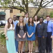 Spring 2015 Omicron Delta Kappa inductees include (front, l to r): Claire Griffin, Kelsey Elling, Jessica Hood, Cora Jackson, (back, l to r): Marc Leggett, Jack Tharp, Lindsey Anna Pardue and TJ Hendrix.