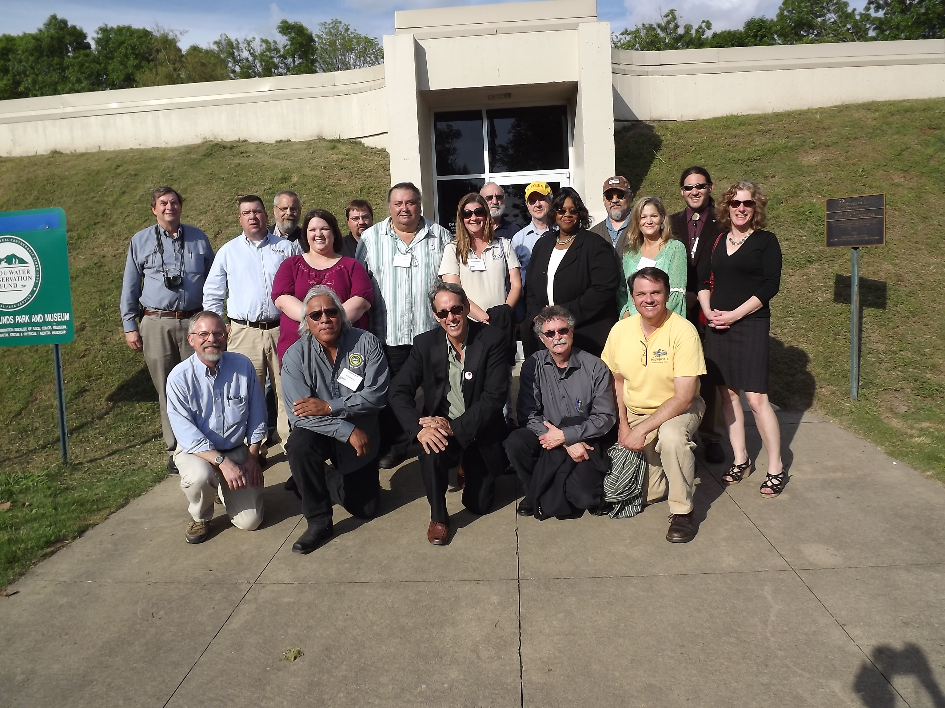 PHOTO:  Participants in the recent conference on the Museum of the Mississippi Indians in front of the existing interpretive center at Winterville.  Photo by Emman Spain, Tribal Historian, Muscogee (Creek) Nation