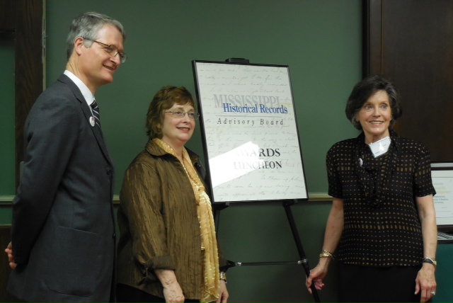 Photo:  L to R- Dr. Gerald Chaudron, President of the group from MS State, Ms. Julia Marks Young, Deputy Coordinator, MS Dept. of Archives and History, and Lee Aylward, DSU Delta Center for Culture and Learning.