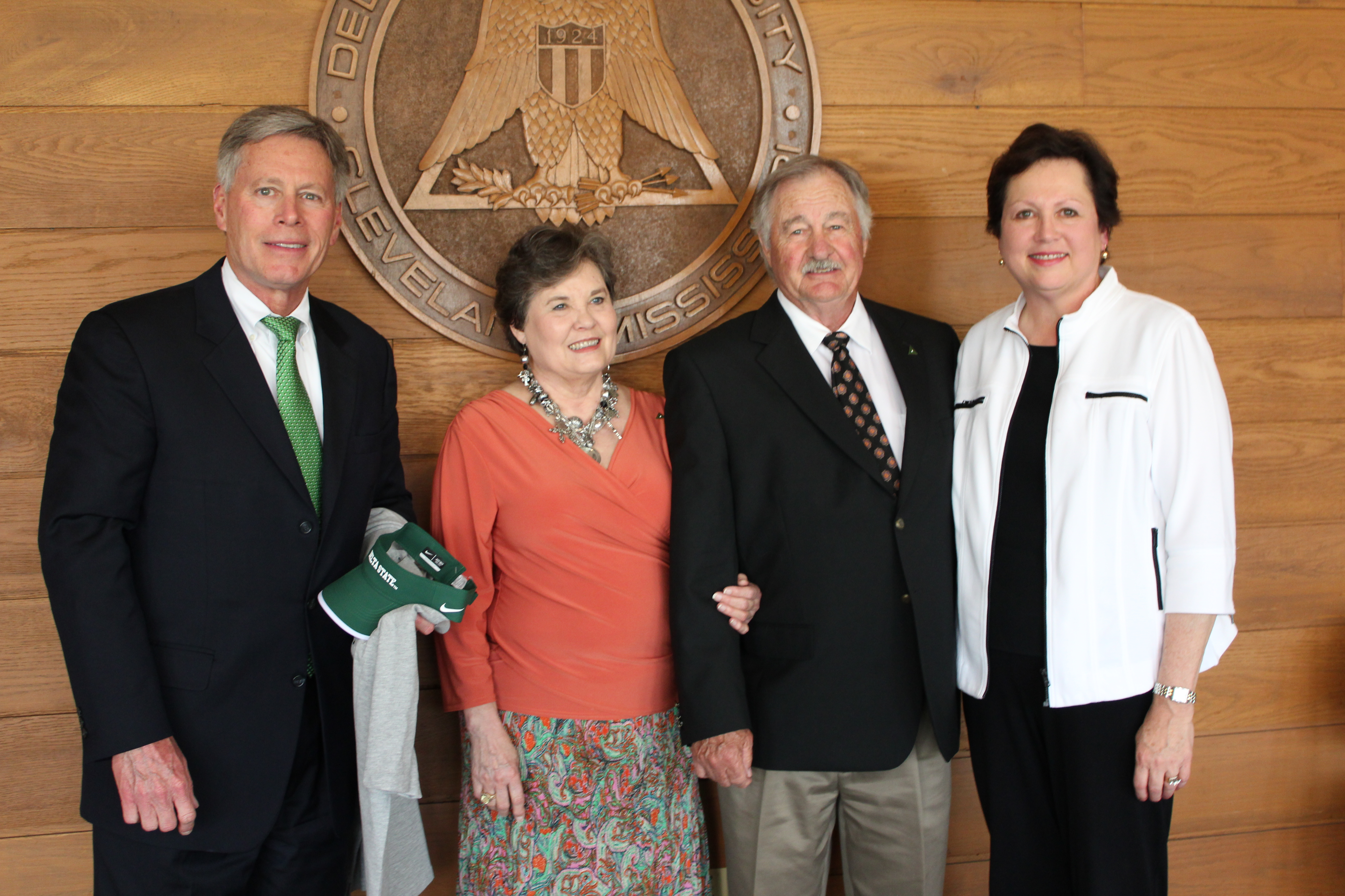 PHOTO: Bob and Sylvia Ferguson present President LaForge with gifts to welcome him during his first official week on campus, in addition to announcing the Fellowships.