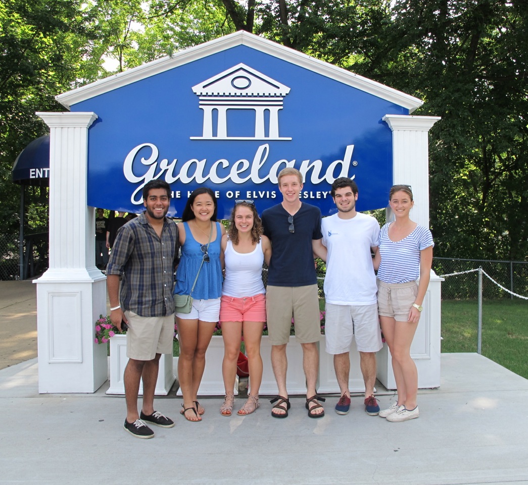 Photo:  L-R:  Mehul Mehta, Austin, TX (Duke); Joanna Kuang, Princeton, NJ (Duke); Rachel Anderson, Palm Beach Gardens, FL, (Duke); James Smith, Chapel Hill, NC,  (UNC);  James Rosenburg, Greensboro, NC, (UNC); Jacqui Slorach, Melbourne, Australia (UNC) tour Graceland.   Photo by Lee Aylward.