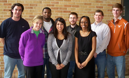 Micah Davis, senior chemistry major from Wesson;  Jenna Ramage, senior chemistry major from Hernando; Justin Johnson, senior chemistry major from Cleveland;  Manisha Dadlani, senior chemistry major from Cleveland; Daniel Walker, senior chemistry/biology major from Cleveland; Danielle Christman-Harris, sophomore speech & hearing sciences major from Itta Bena; Grant Knutson, senior biology major from Greenville, and Chad Tow, senior biology major from Hernando.  Not Pictured:  David Clark, graduate level natural sciences major from Silver Creek; and Najoua Lesage, senior biology major from Greenwood.