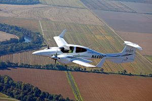 Student flying Delta State plane over field.