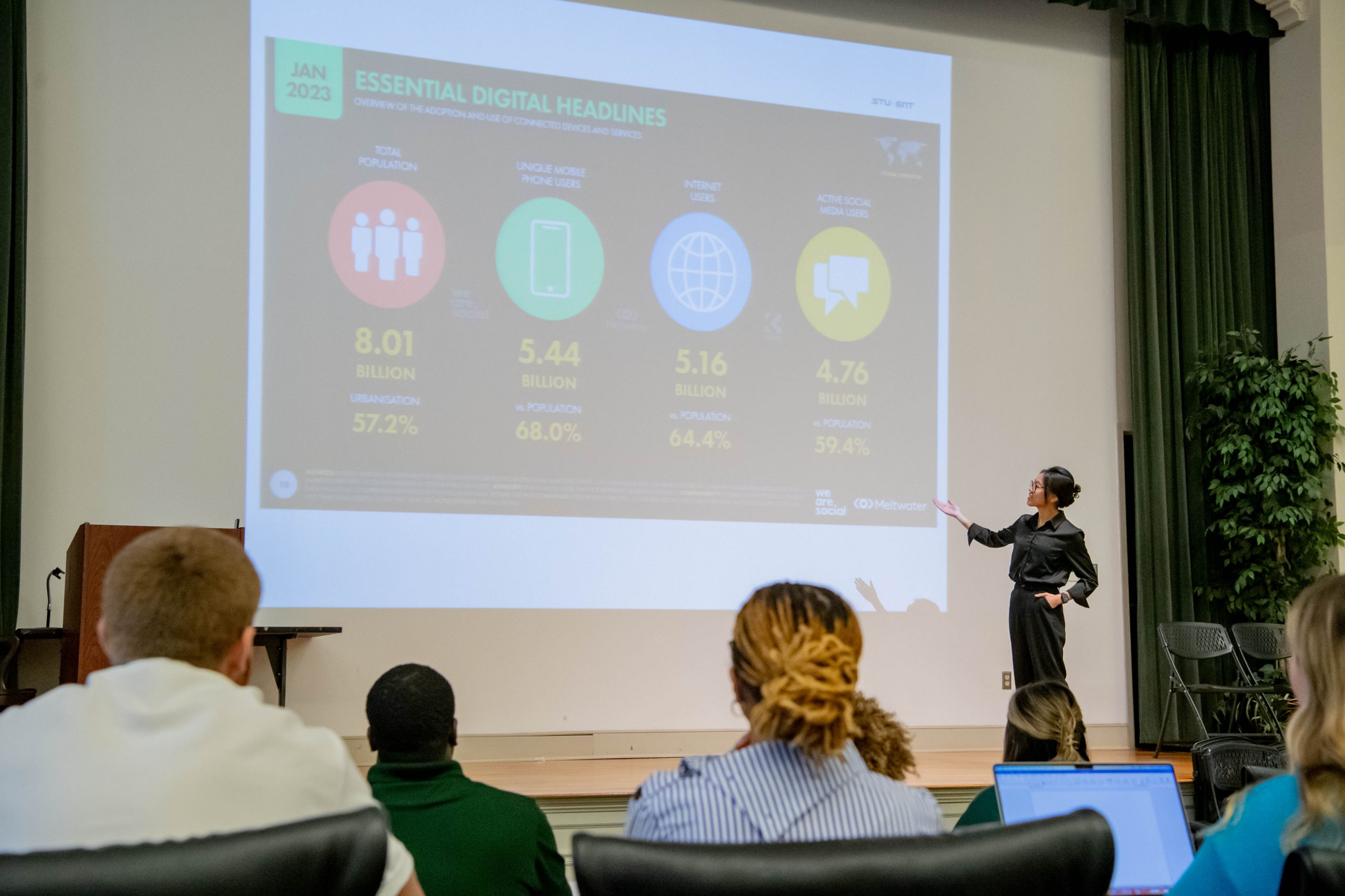 Student presenting data and pointing at large PowerPoint displayed behind her.