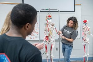 Student in a classroom demonstrating a skeletal model to a group of students.