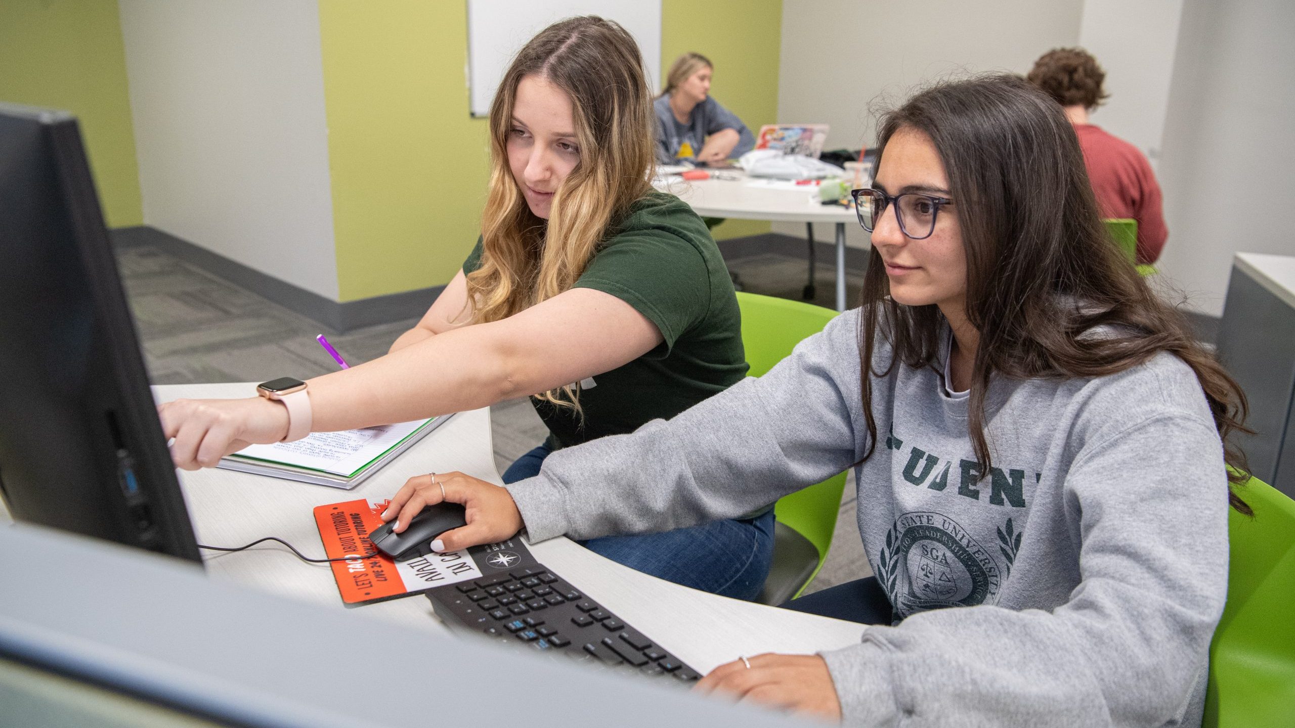 Two students in a computer lab working on an assignment.