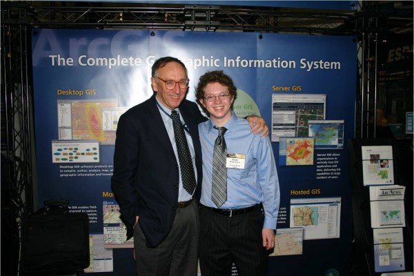 Esri President and founder Jack Dangermond poses for a photo with DSU student Michael Koehler (Class of 2010)