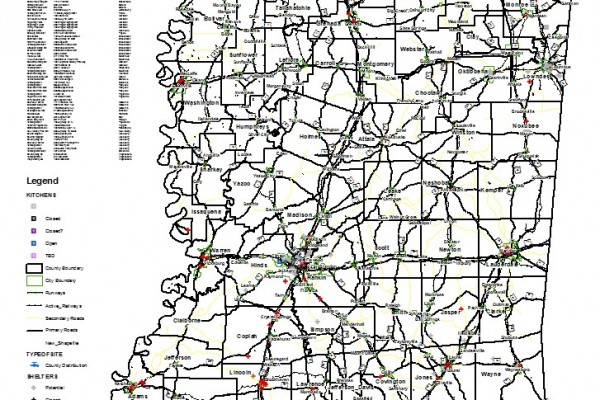 This map was used at the State Emergency Operations Center during Katrina and depicts the location of shelters and points of distribution for food and water.