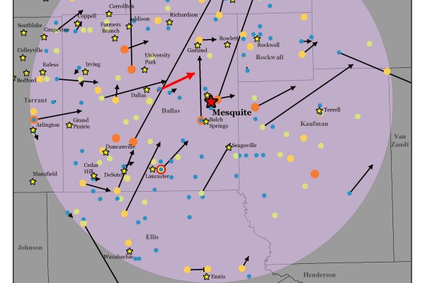 The history of tornadoes near Mesquite, TX from 1950-2012.