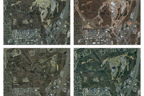 This series of images shows the construction of the National Geospatial Intelligence Agency's New Campus East Facility in Springfield, VA. Note the aircraft caught in the image at lower right.