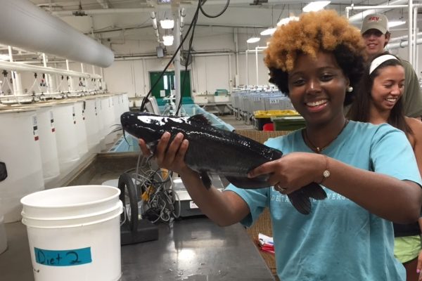 Raven Allison holding a catfish at USDA-ARS catfish lab