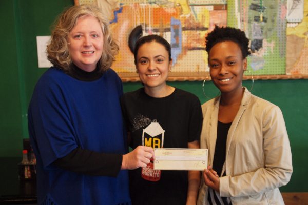 A total of $300 was raised by the Cleveland, MS restaurant to support breast cancer awareness. Pictured: Pictured (l to r)  Gail Bailey, Marisol Doyle of Hey Joe’s, and  Aubreisha Hackler.