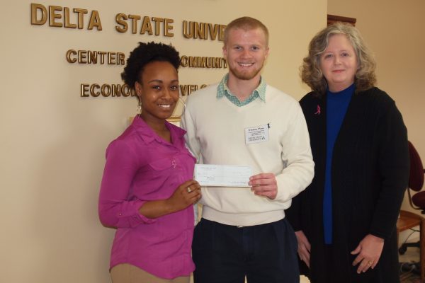 The Zeta Beta Chapter of Phi Kappa Alpha Fraternity at Delta State University coordinated a fund raising event along with five other Greek organizations (Sigma Alpha Epsilon, Kappa Sigma, Phi Mu Alpha, Kappa Alpha, and Alpha Phi Alpha) to support BEEP. A total of $542 was raised. Pictured (l to r):  Aubreisha Hackler, Jean Blackmon of  Zeta Beta Chapter of Phi Kappa Alpha, and Gail Bailey.