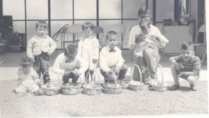 young children outside school, B&W.