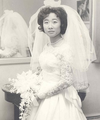 Bride in gown, B&W.