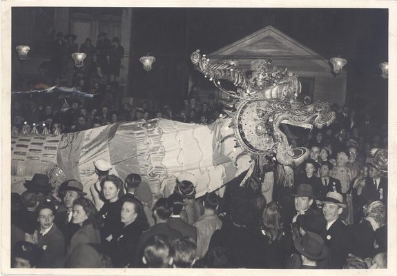Dragon float at parade, B&W.