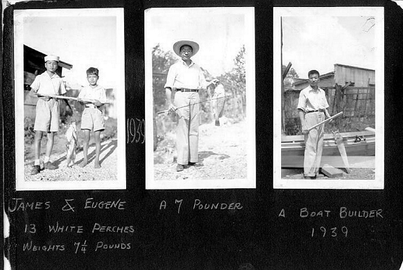 Three photos of man fishing. B&W.