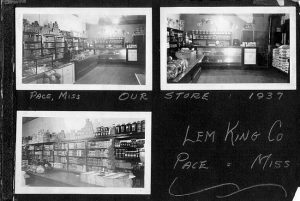 Inside Lem King's store, three B&W photos