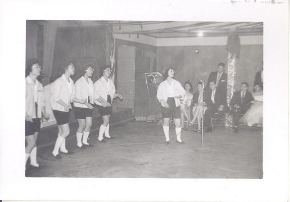 Schoolgirls performing, B&W.