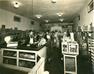 Inside general store, B&W.