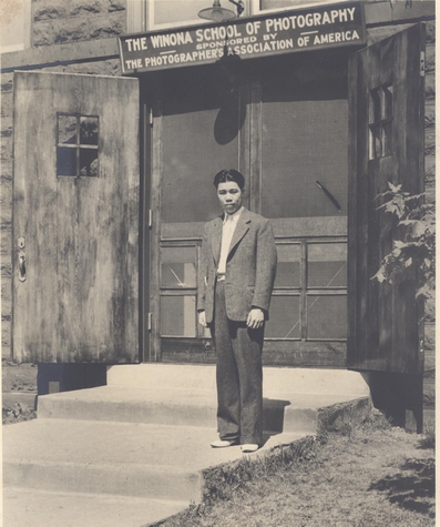 Mr. Jue outside Winona School of Photography, B&W