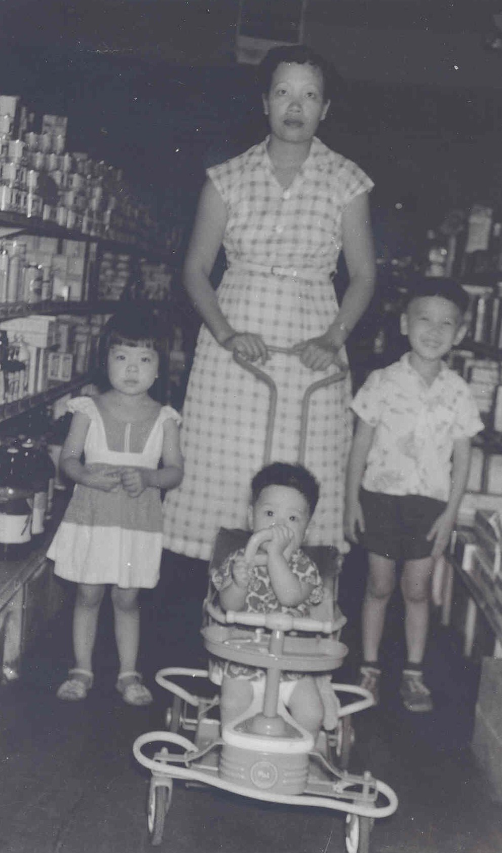 A woman with three small children in an aisle of a grocery store.