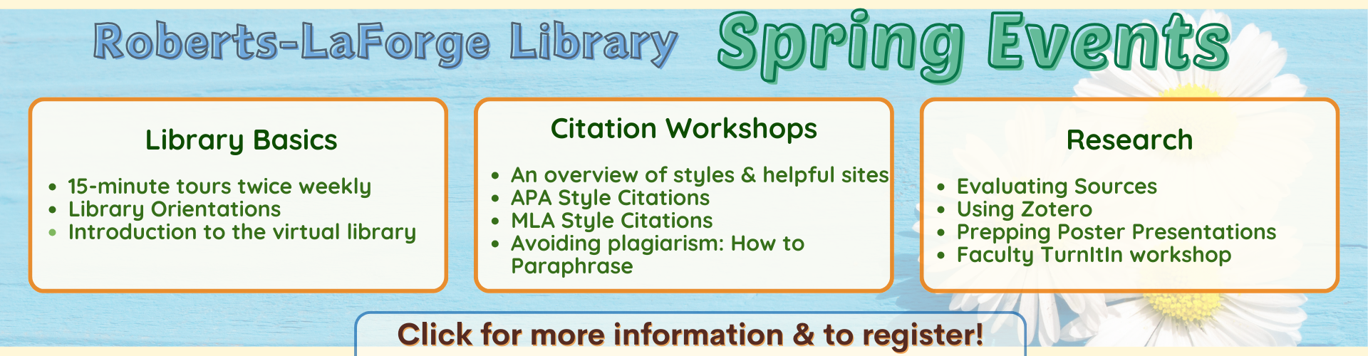 Roberts-LaForge Library listing of Spring Events. For more information, please go to https://www.deltastate.edu/library/home-page/events/