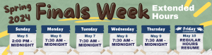 For finals week, we will be open 2 -Midnight on Sunday May 5, and 7:30 AM to midnight Monday the 6th through Thursday May 9. Regular hours resume Friday, May 10.
