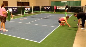 Tennis sport court set up for Alumni Association Pig Pickin event.