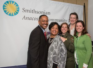 Dr. Rolando Herts (l to r), director of the Delta Center for Culture and Learning, and Reena Evers, daughter of Medgar Evers and Myrlie Evers-Williams, pose with Maggie Tyler, Martha Raymond and Kathleen Durcan of the National Heritage Areas Program, National Park Service.