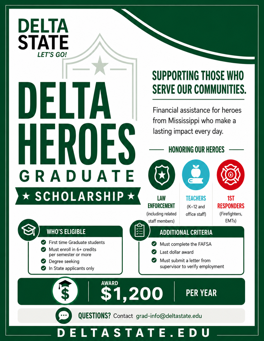 Flyer describing the Delta Heroes Graduate Scholarship
