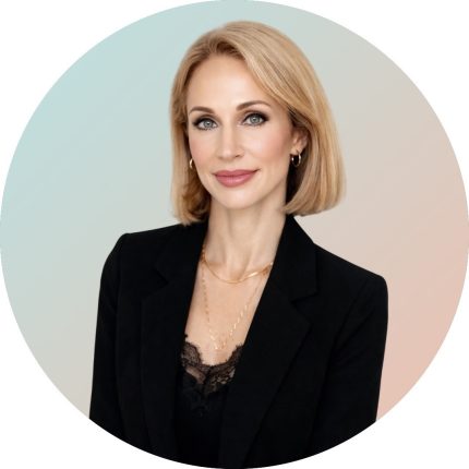 headshot of a blonde woman in a black outfit