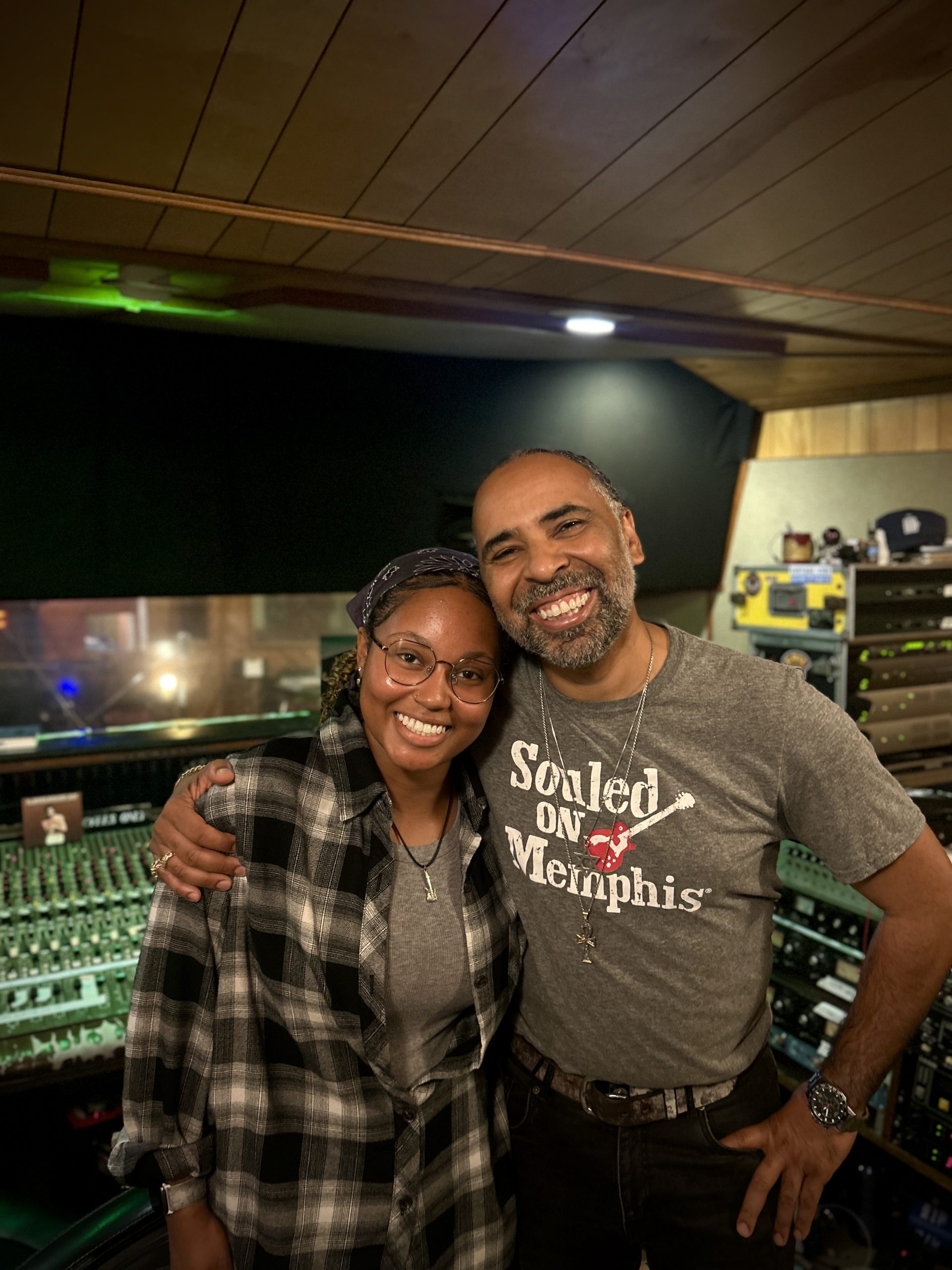 DSU Delta Music Institute student Cidney Dailey (left) and acclaimed producer Boo Mitchell at the legendary Royal Studios in Memphis, Tennessee.