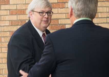 Dr. Joe Bentley greeting President LaForge at the grand opening.