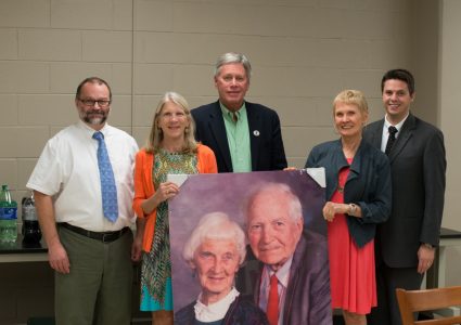 From left to right: Dr. James Gerald, physics professor; Julie Mosow, Wiley daughter; President LaForge, Delta State University; Jean Lynch, Wiley daughter; Dr. Adam Johanson, Planetarium Director