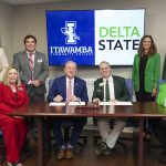 Leaders from Itawamba Community College and Delta State University pose following the signing of two memorandums of understanding on the Fulton Campus.